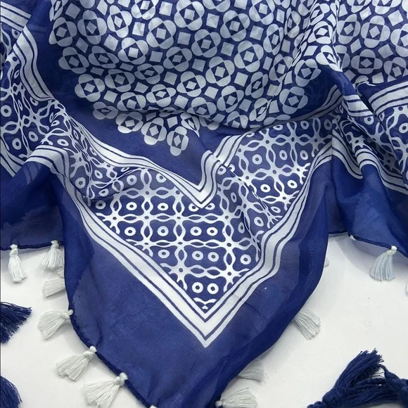 Chico's Blue and White Scarf with Tassels - Picture 2 of 6
